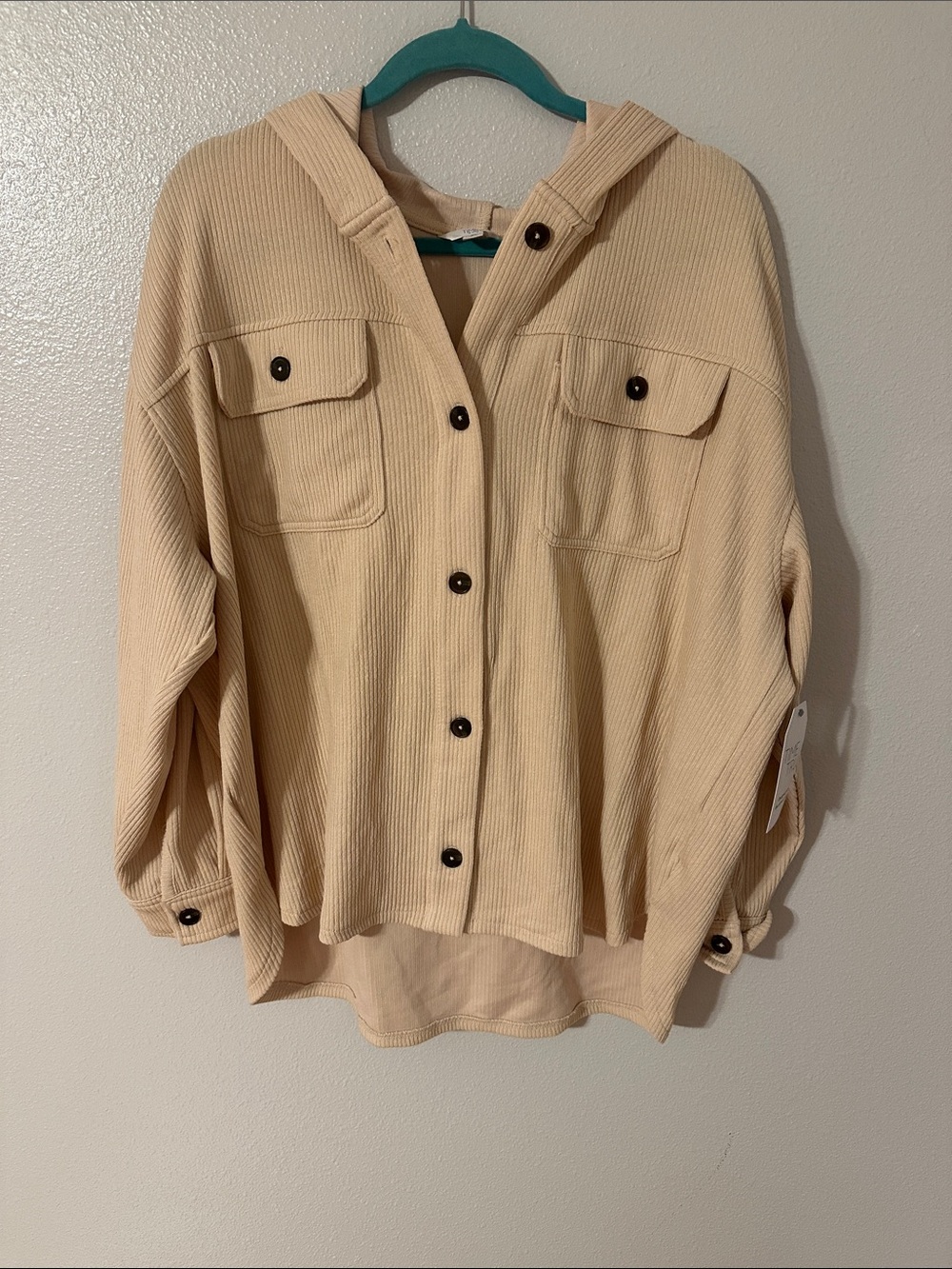 Time and Tru Ribbed Cream Button-Front Top with Hood